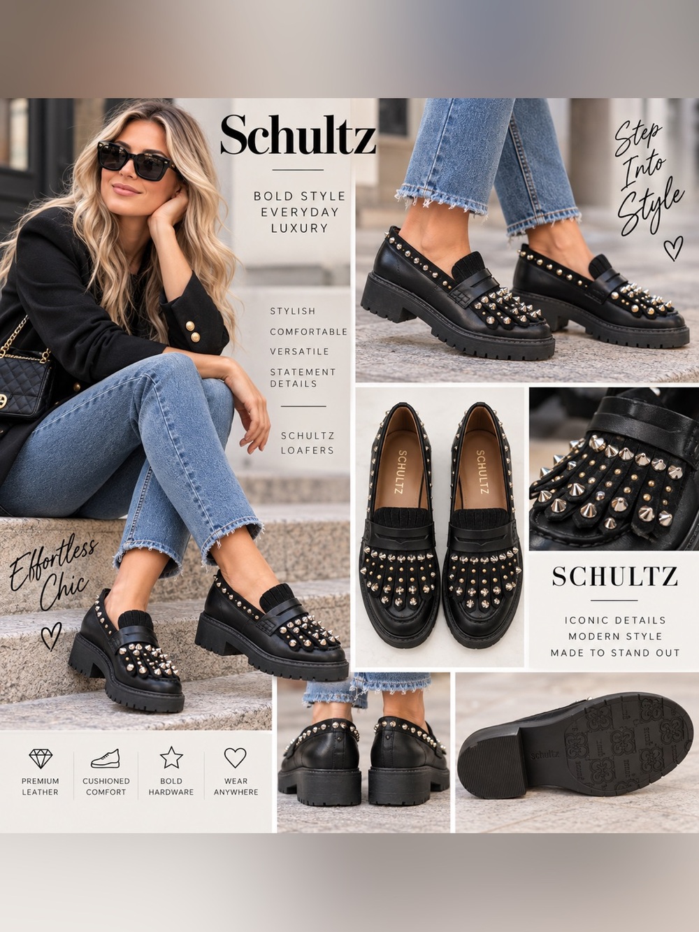 Black Studded Platform Loafers Fringe Slip-On Moto Shoes Edgy Y2K